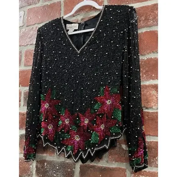 Vintage Laurence Kazar Black Beaded Silk Top Poinsettia Flowers Size Large - Picture 3 of 9